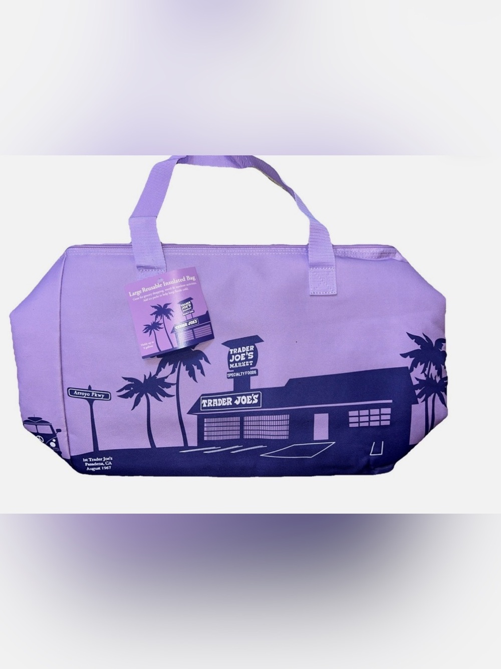 Trader Joe's Lavender Insulated Tote Bag with Palm Print